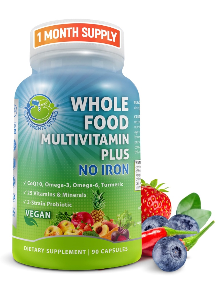 Vegan Ganzes Essen Täglich Multivitamin ohne Eisen, Methyliertes Multivitamin für Frauen und Männer, hergestellt mit Früchten & Gemüse, B-Komplex, Probiotika, Enzyme, CoQ10, Omegas, Turmeric, Non-GMO, 90 Count