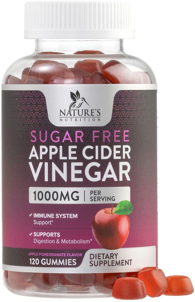 Gummie di Aceto di Sidro di Mele per la perdita di peso 1000mg - Gummy di Aceto di Mela Vegan per Detox & Cleanse, Pillole di Integratore di ACV, Vitamina B12, Gomma ACV senza zucchero, Non OGM, Nutrizione della Natura - 120 Gummies