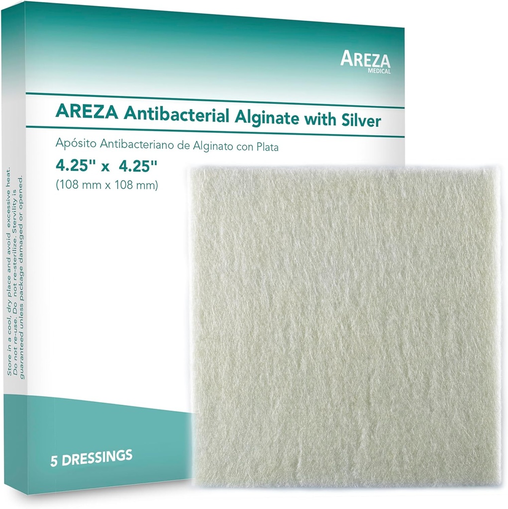 Areza Silber Kalzium Alginate Antibakterielle Wund Dressing Pads – Steril, Nicht-Stick, hoch absorbierend; für Wund Drainage & Infektionsrisiko (4.25′′×4.25′′, 5-Pack pro Box), 1 Box