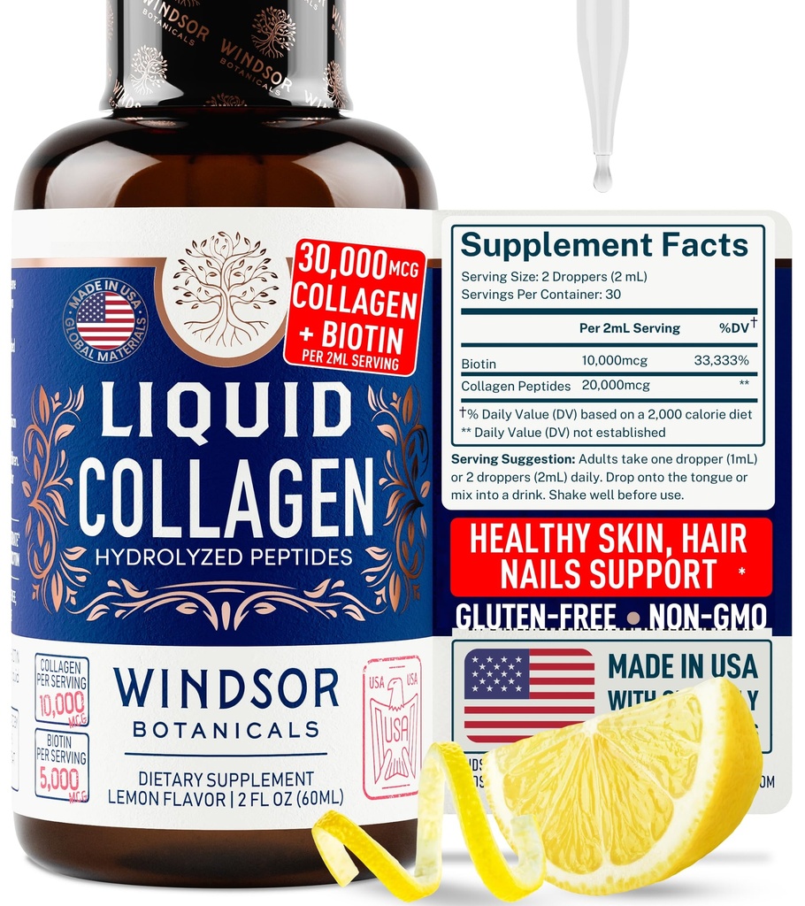 Supplément de peptides de collagène liquide concentré - 30 000 mcg Collagène liquide hydrolysé pour les femmes plus Biotine Hair, Skin, Nail Support - gouttes directes sublinguales ou dans les boissons - Boissons de citron naturel 2 oz