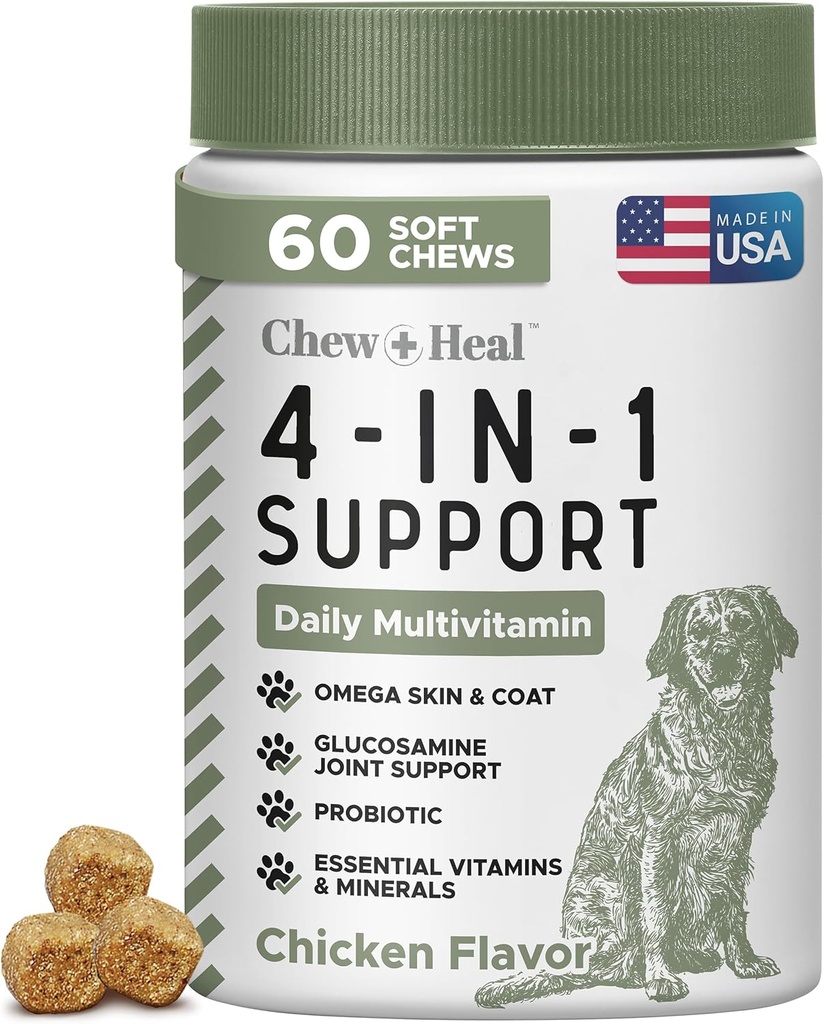 Tous en 1 Vitamines et suppléments de chien, 60 multivitamines molles à mâcher avec de la glucosamine, des probiotiques, de l'huile de poisson oméga - pour la peau, le manteau, la hanche, les articulations et la santé des petits chiens