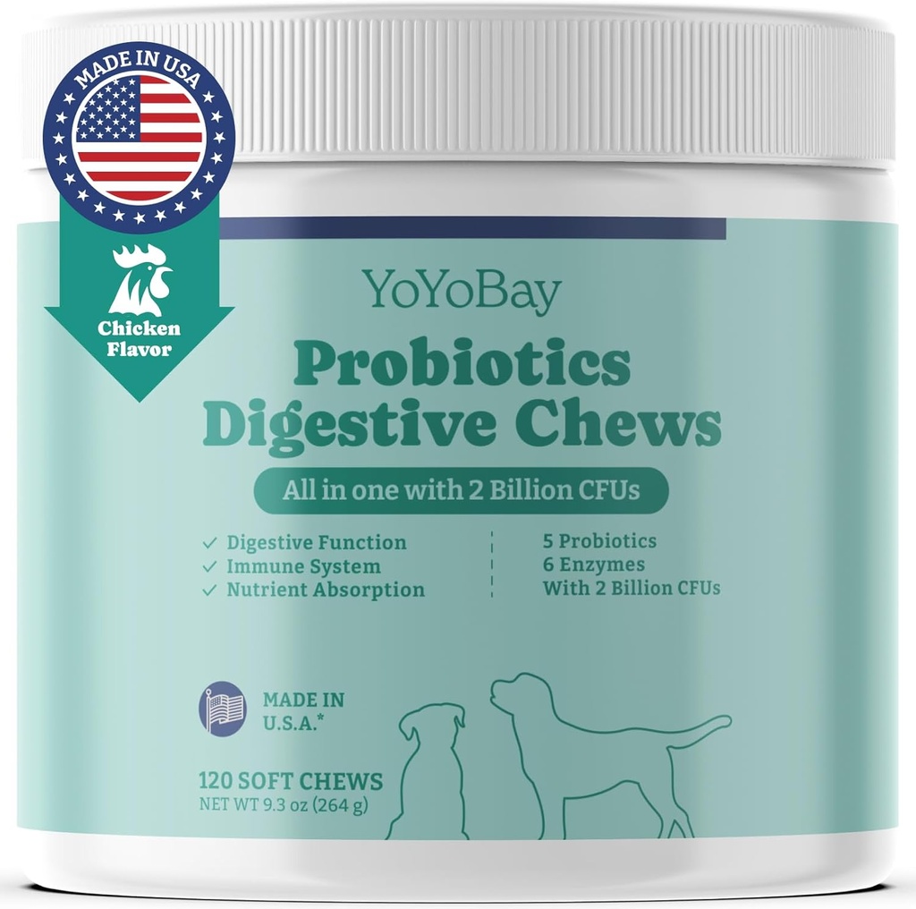 Probiotics for Dogs, Dog Probiotics and Prebiotic with Enzymes, for Gut & Digestive Health and Yeast Balance, Support Immunsystem, Chicken Flavor, 120 Soft Chews