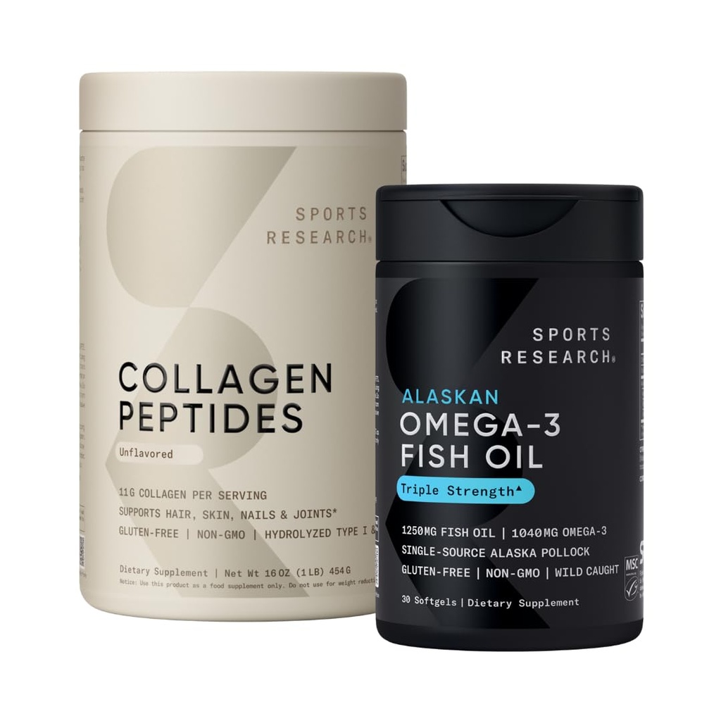 Sportforschung Triple Stärke Omega 3 Fish Oil 1250mg Burpless Supplement mit Omega3s EPA & DHA Non-GMO, Gluten Free und Collagen Peptide für alle Geschlechter hydrolysiert Typ 1 & 3 Pulverprotein