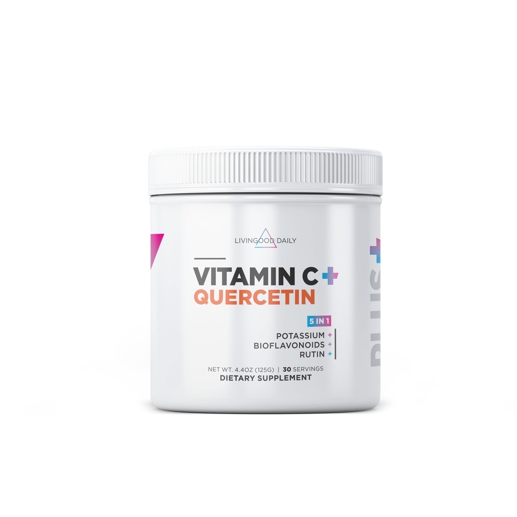 Livingood Daily High Dose Vitamin C Powder Supplement, 2.600 MG Ascorbic Acid Powder Supports Immunity & Skin Health, Powdered Vitamin C with Quercetin, Sweetened with Stevia, Vegan, 30 Servings
