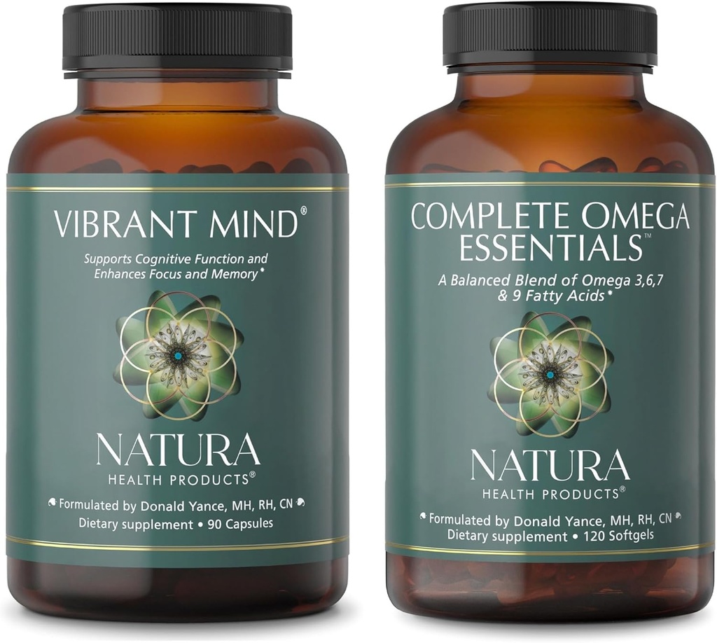Natura Health Products Vibrant Mind and Complete Omega Essentials Supplement Bundle - Nootropic Brain Supplement für Speicher und Fokus - Balanced Blend von Omega 3, 6, 7, & 9 Fettsäuren