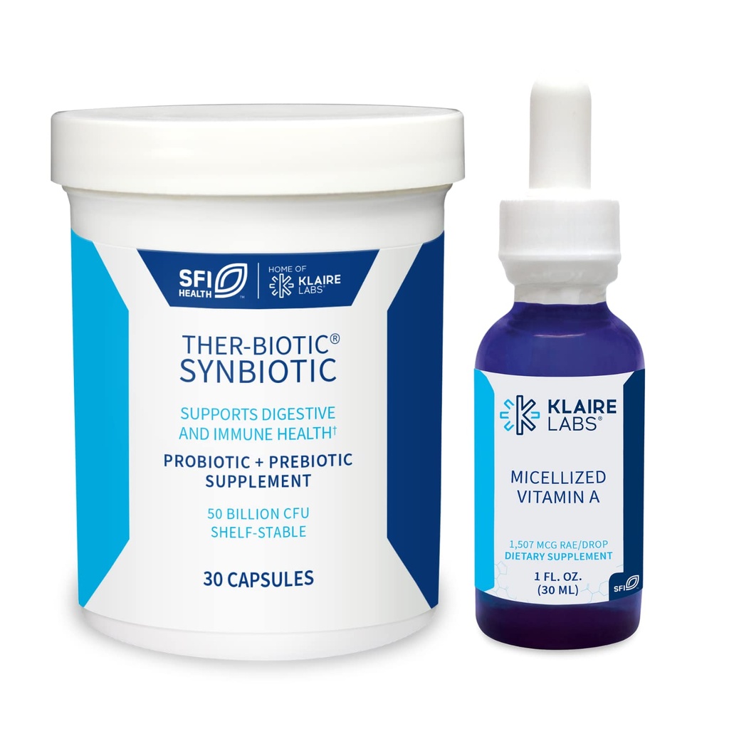 Klaire Labs Ther-Biotic Synbiotic Probiotic (30 capsule) & Micellized Vitamin A Liquid (1 oz / 600 Serve) 5000 IU Bundle - Digestive Health & Immune Support - Hypoallergenic 2 Prodotto Set
