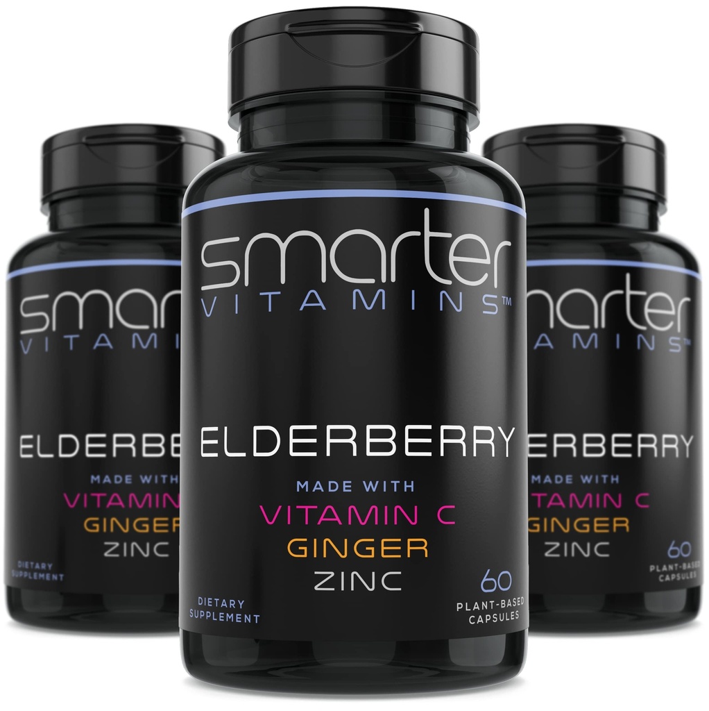 (3 Pack) Smarter Elderberry Capsules + Vitamin C + Ginger & Zinc, Herbal Supplement, Powerful Black Elder Berry Extract Antioxidant Vitamin, 180 Vegan Pills