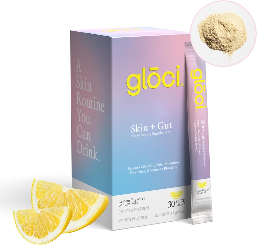 Gloci Skin + Gut - Probiotique DE111 - Acid Hyaluronique, Magnésium, Vitamine C, Zinc, Poudre d'eau de coco - Probiotique cliniquement étudié pour la peau radiante, Gut Health, Hydratation - 30 Compte