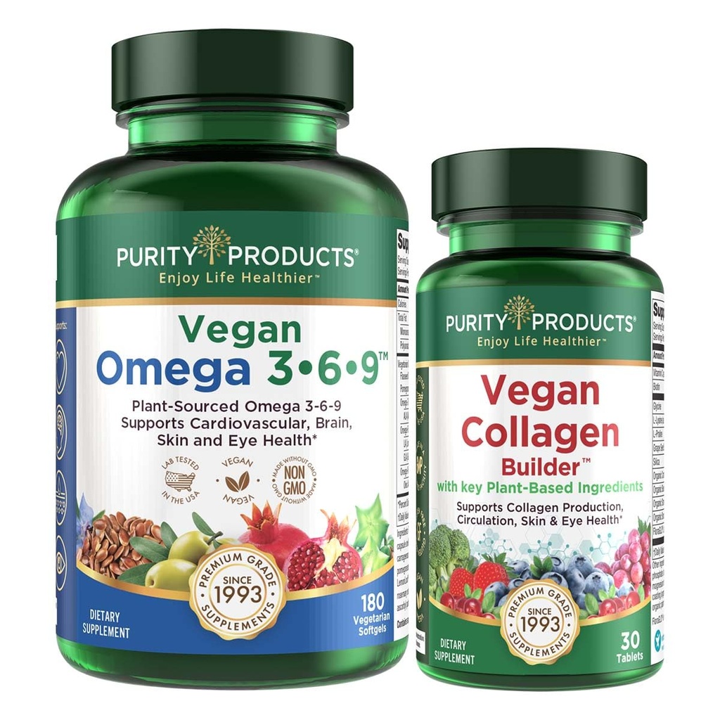 Prodotti di purezza Bundle - Vegan Omega 3-6-9 (180 ct)+ Vegan Collagen Builder Omega 3-6-9 (“5 in 1” acido grasso essenziale vegetale-basato) - Vegan Collagen Builder (w/Key Plant-Based Ingredienti)