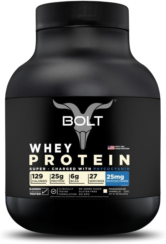 Bolt Whey Protein Powder | con Superfood Phycocyanin | Muscle Building & Recovery con Bone Health | 25g Protein, 6g BCAA Per Serving | 2LB/32oz, 27 Servings | Madagascar Vanilla