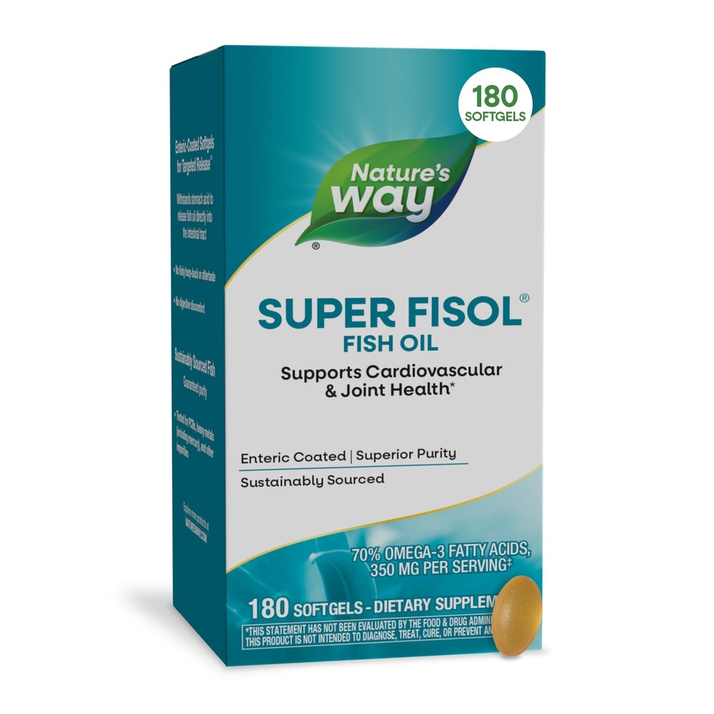 Nature's Way Super Fisol Fish Oil, Enteric Coated, unterstützt Herz-Kreislauf- und Gelenkgesundheit*, Mega Potency Omega-3s, 180 Softgels (Packaging May Vary)
