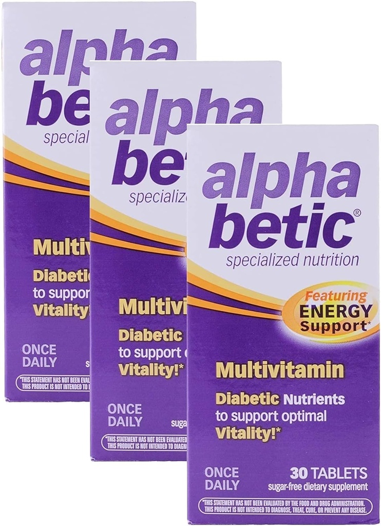 Alfa Betico Una volta Multivitaminico Giornaliero per Diabetici, Senza Glutine, Senza Zucchero, Integratore Dietetico Energetico Esteso, 30 Tavole (3 Pack)3
