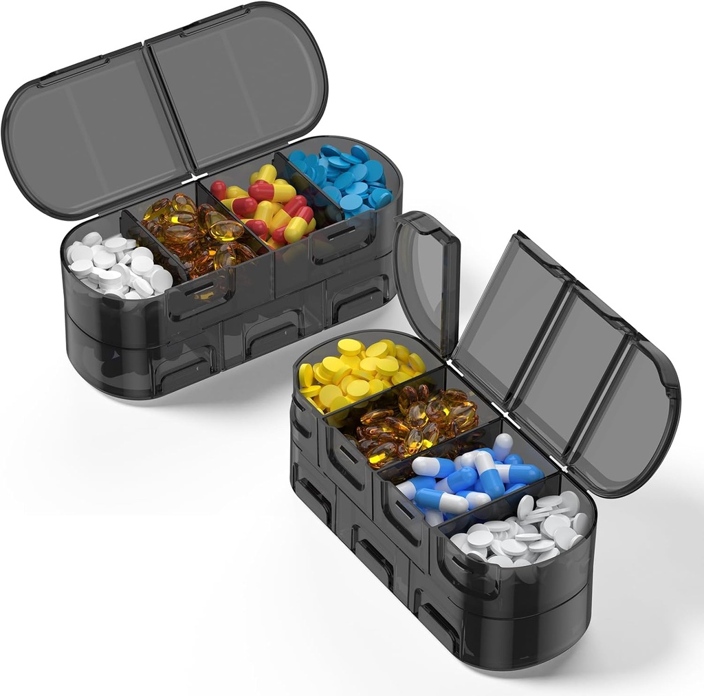 Weekly Pill Organizer Travel, 2/3/4 Mal pro Tag, Doppel-Sided Eröffnungsdesign, Portable Pille Box zum Speichern von Fischölen/Medikation/Vitamins/Supplements (2PC Schwarz)