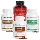 Real Mushrooms RealClarity (60ct), Lions Mane (120ct), Reishi (90ct) & 5 Defenders (90ct) Capsules - Integratore di funghi per la salute cognitiva, Longevità, Relax & Immune Support - Vegan, Non OGM