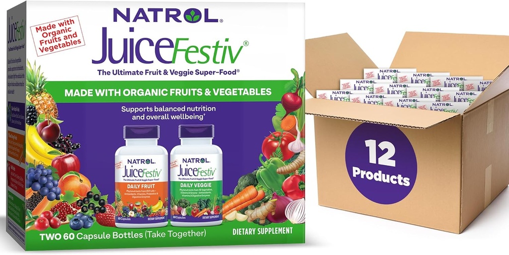Natrol JuiceFestiv Pack, giornaliero di frutta e verdura capsule, integratori alimentari Supporta la nutrizione bilanciata, 120 conte (pacchetto di 12)