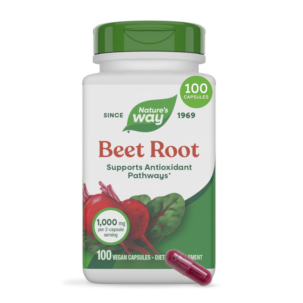 Nature's Way Beet Root Capsules, supporte les chemins antioxydants*, aide à neutraliser les radicaux libres*, 1000 mg par 2-Capsule Serving, Vegan, 100 Compte (Packaging May Vary)