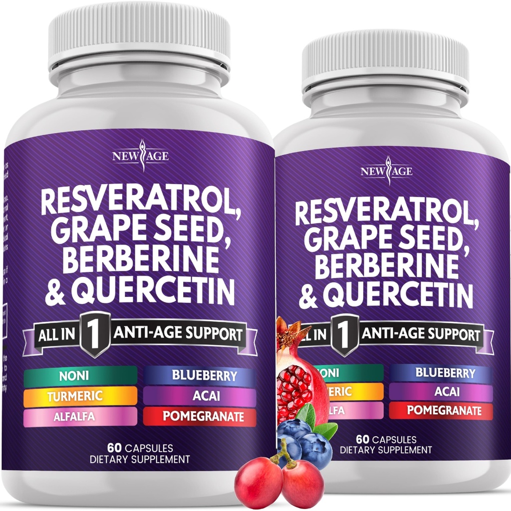 Nuova AGE Resveratrolo, Berberina, Estratto di semi di uva, Quercetina, Supplemento di polifenolo per le donne e gli uomini con estratto di noni, N-Acetil Cysteine, Estratto di Acai - 120 capsule