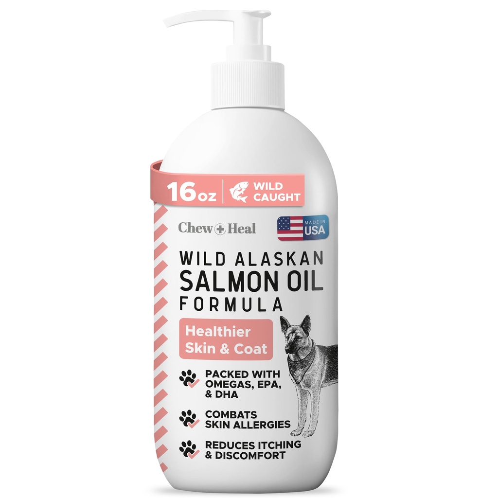 Huile de saumon sauvage de l'Alaska pour chiens - 16 oz de formule d'huile de poisson - Bouteille de bouchon de pompe - Contient Oméga-3 et 6, Vitamine D, EPA et DHA pour la peau et le manteau sains
