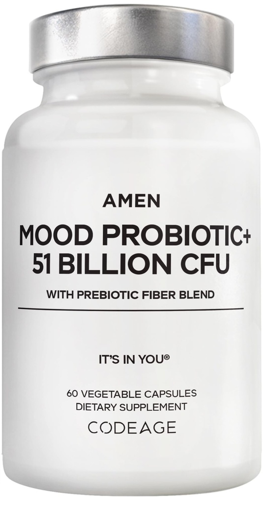 Amen Mood Probiotic Supplement 51 Million CFU - Prébiotiques et probiotiques biologiques - Acidocilus Probiotic Pills, Fibres - Mood Organic Ashwagandha, Bleuets - Vegan & Non-OGM - 60 Capsules