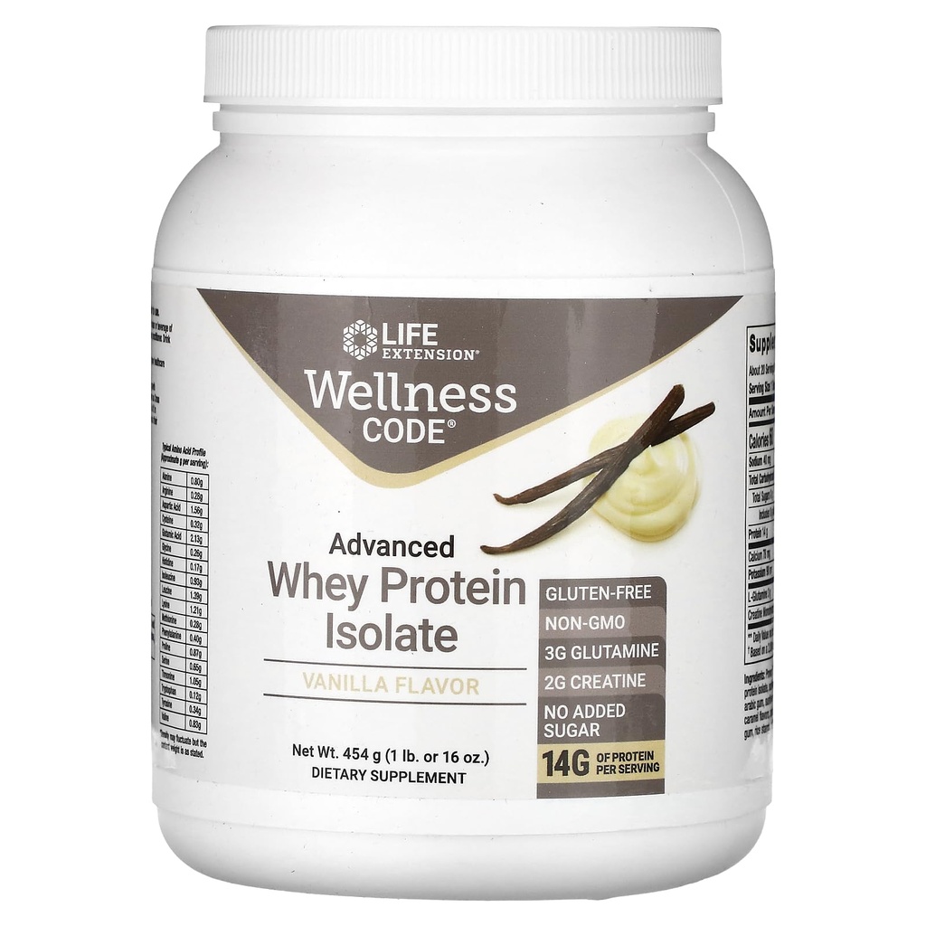 Life Extension Wellness Code® Advanced Whey Protein Isolate (Vanilla), créatine, glutamine, mélange pour la croissance musculaire et la santé immunitaire, sans sucre ajouté, sans gluten, sans OGM, 454 Grams, 20 portions