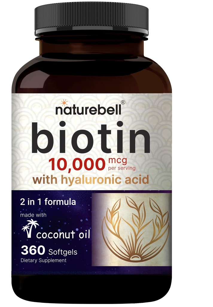 NatureBell Biotin 10000mcg + Hyaluronsäure 25mg | 360 Coconut Oil Softgels, Premium Biotin Supplement für Haarhaut und Nägel*