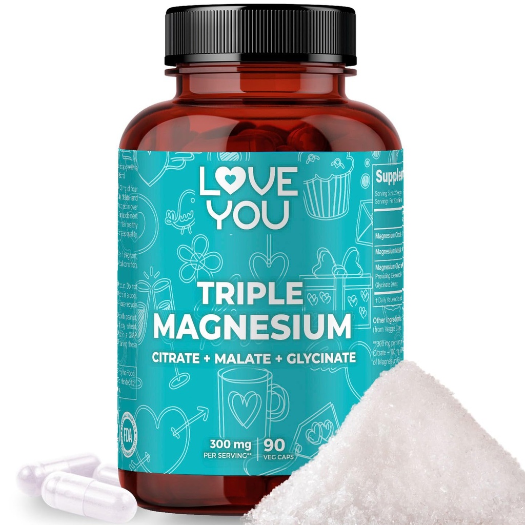 Love You Triple Magnésium Complex – 300mg par portion, Glycinat de magnésium Premium, Citrate & Malate – Haute absorption pour le soutien musculaire, nerveux et du sommeil, 90 Capsules de Veggie – Fabriqué aux États-Unis