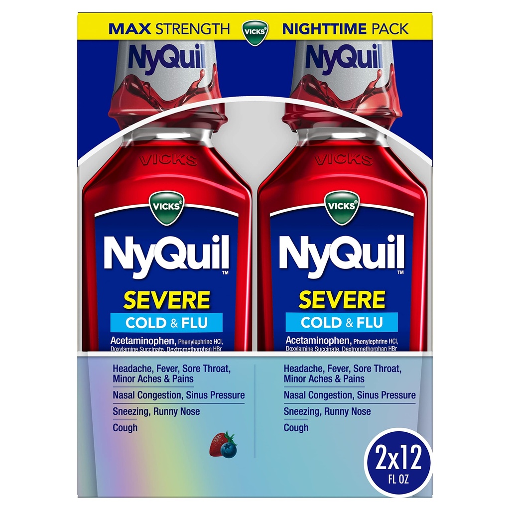 Vicks NyQuil SEVERE Kälte-, Flu- und Staumedizin, 2x12 fl oz Twin Pack, Berry Flavor, Maximale Stärke, Nachthilfe