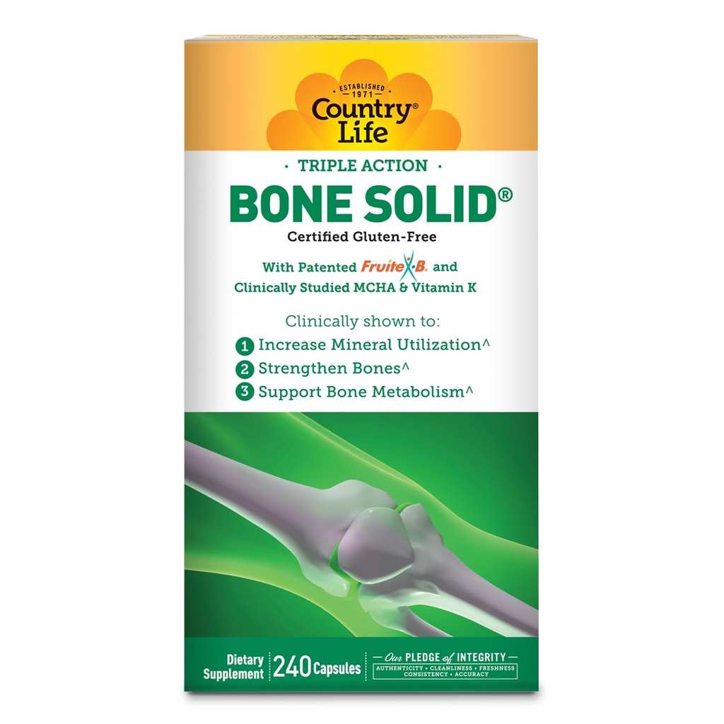 Country Life Bone Solid - Knochengesundheitsergänzung mit mikrokristallinem Hydroxyapatit (MCHA), Calcium, Magnesium, Zink, Vitamine K2 & D3 für Enhanced Bone Strength & Metabolism - 240 Kapseln