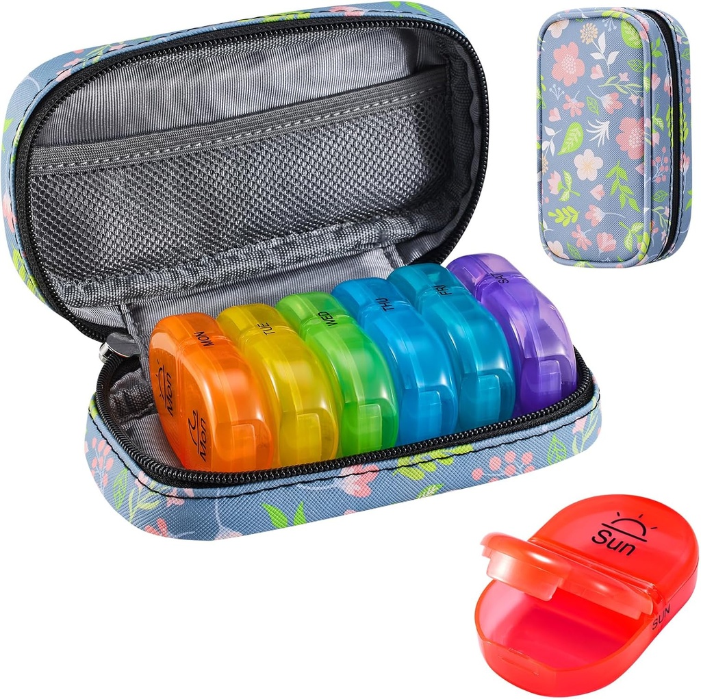 Serfeymi Weekly Travel Pill Organizer 2 fois par jour AM PM Upgraded Rainbow Pill Box 7 Day with Portable Zipper Pill Case en cuir PU, organisateur de médicaments pour les pilules, les vitamines, les huiles de poisson - Floral 02