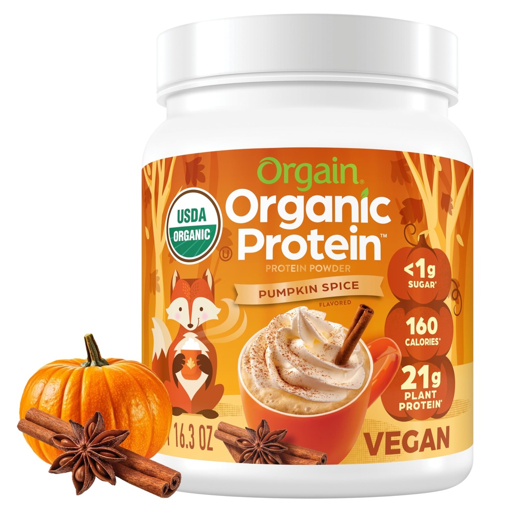 Orgain Organic Vegan Protein Powder, Pumpkin Spice Seasonal Flavor - 21g di Plant Protein, 5g Prebiotic Fiber, Nessun Lattosio Ingredienti, Non Aggiunto Zucchero, Non OGM, Per Shakes & Smoothies, 1.02 lb