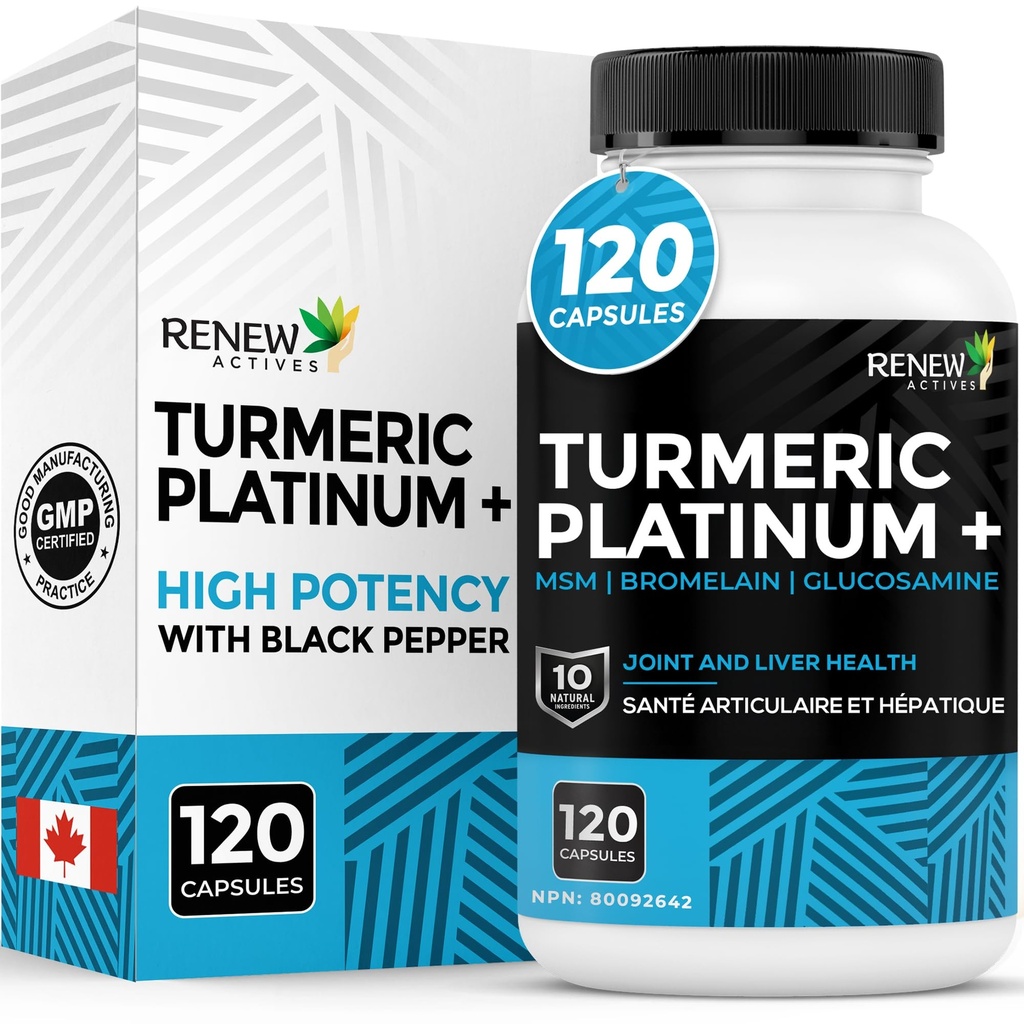 Renouveler les actifs Platine curcuma 1350MG par 3 capsules avec poivre noir et gingembre – Antioxydant, foie et soutien digestif – réduit l'inflammation et stimule l'immunité – Fabriqué au Canada – 120 capsules