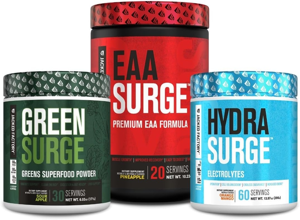Jacked Factory Green Surge Green Superfood Powder, Hydrasurge Electrolyte Hydration Supplement, EAA Surge EAA Supplement