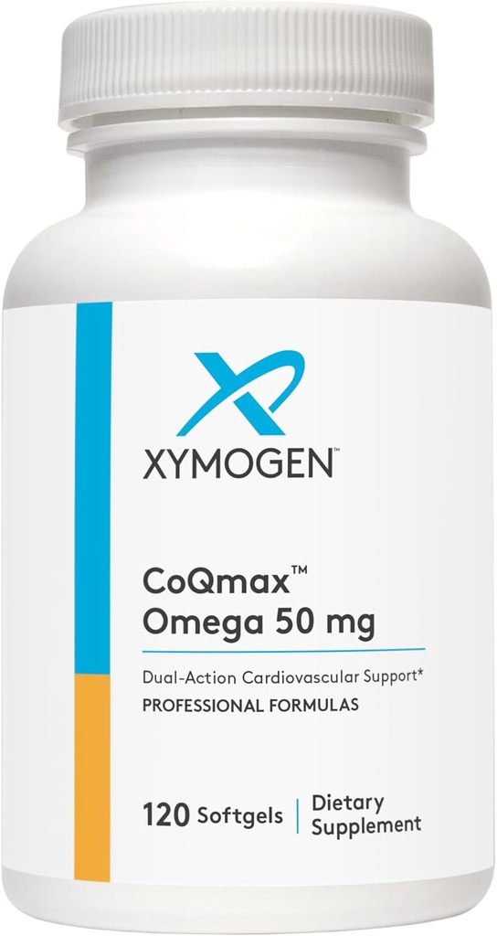 XYMOGEN CoQmax Omega 50 mg - CoQ10 + Fish Oil Omega 3 Supplement - Dual-Action Heart Health Support - Coenzyme q10 + Spezialisiertes Fischöl für 3X Greater Absorption von EPA DHA (120 Softgels)