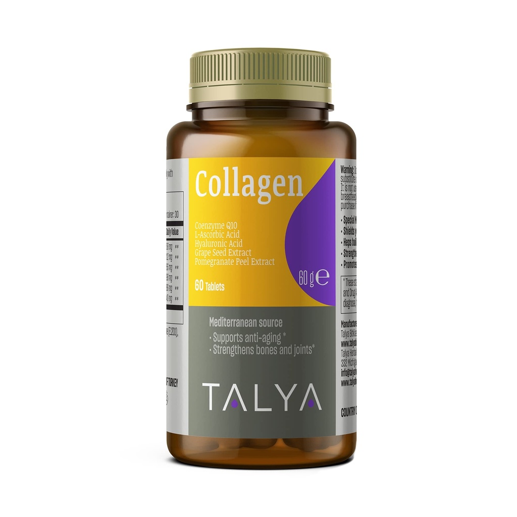 TALYA Collagen Pills con acido ialuronico + vitamina C | Collage idrolizzato per donne e uomini | Capelli, Pelle e Unghie | Non OGM | 60 capsule