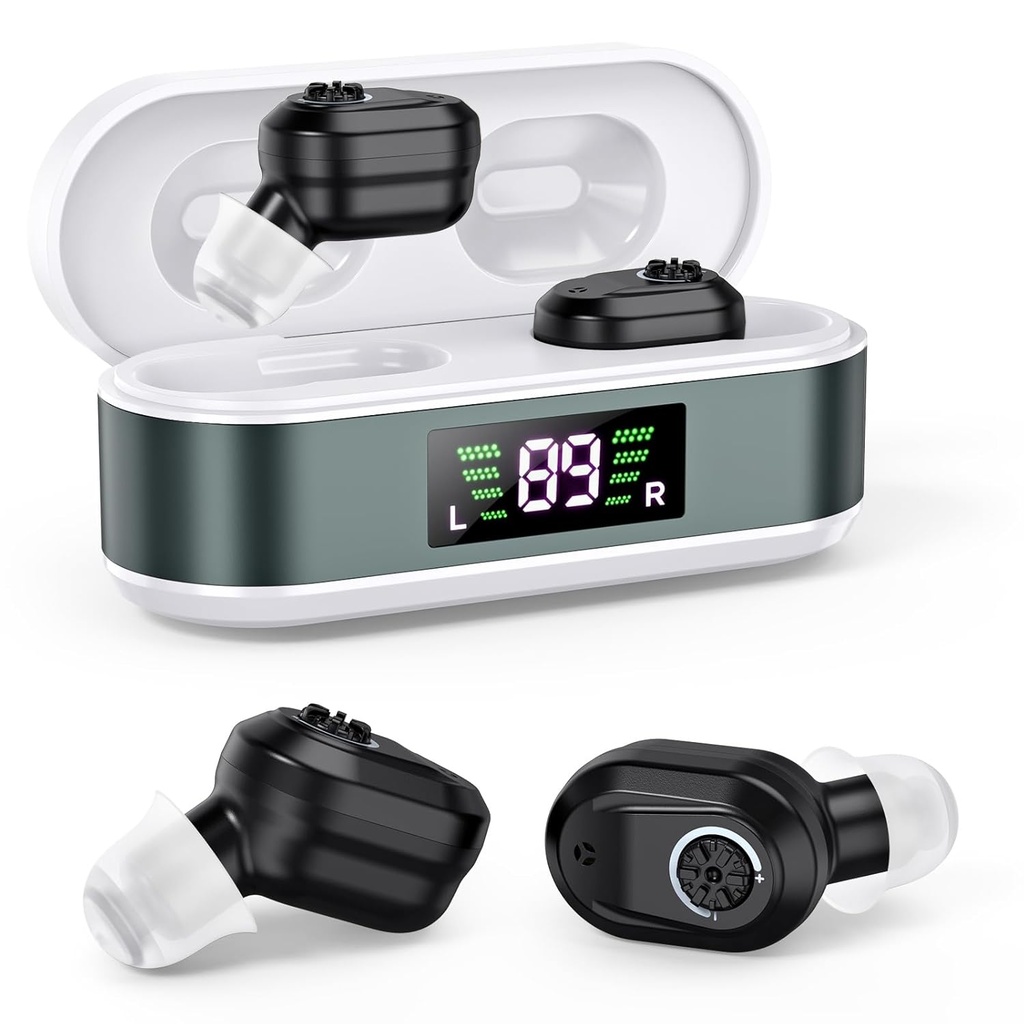 Aides auditives, aides auditives pour les aînés Amplificateur d'audition invisible rechargeable avec annulation de bruit pour les adultes Perte auditive, contrôle du volume numérique dans l'oreille Appareils d'aide auditive (noir)