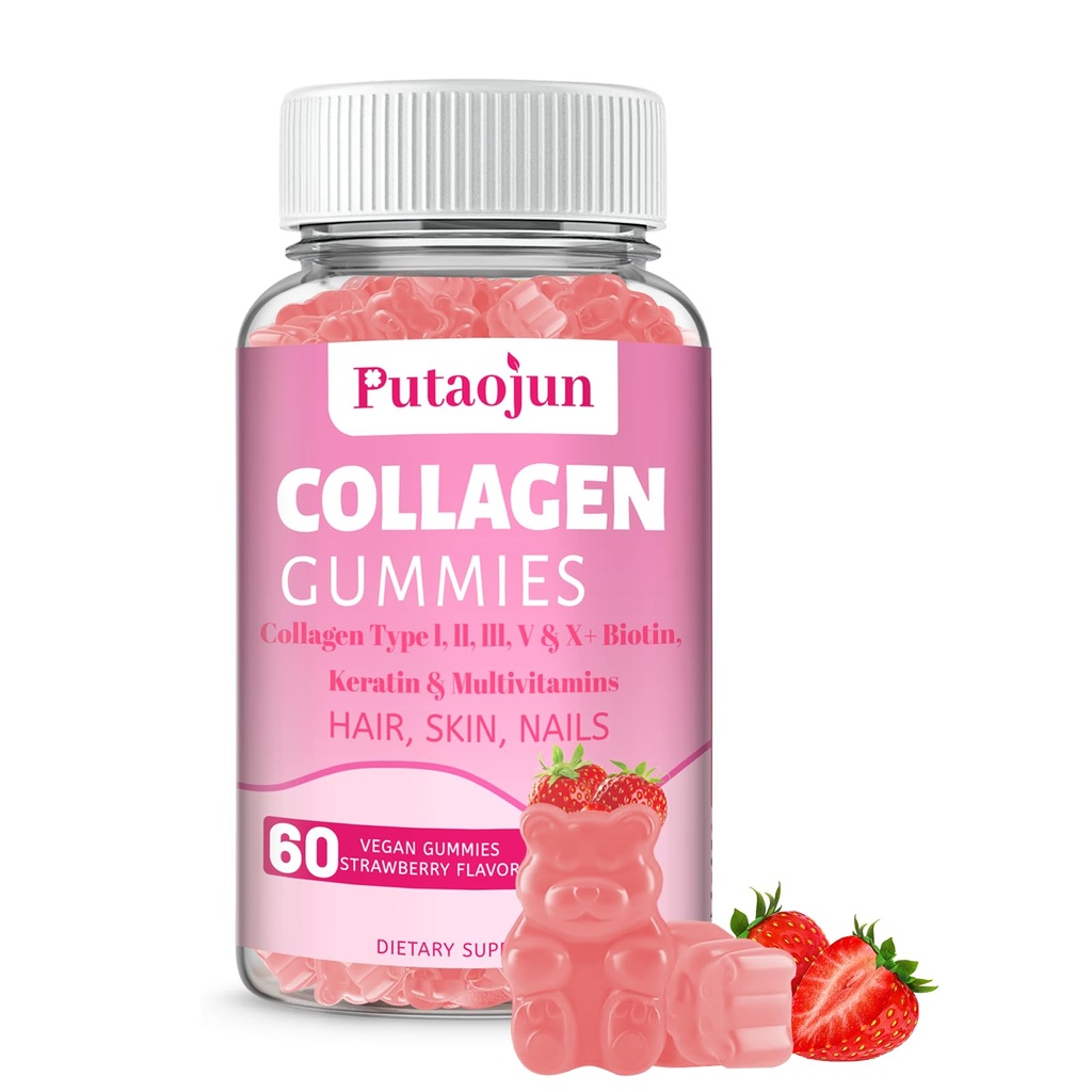 Collagen Gummies | Haar, Haut & Nails Gummi mit Biotin Vitamin C, E, & Zink | Erdbeeren Flavored | Kollagen für Frauen | Erdbeeren Flavored | 60 Count