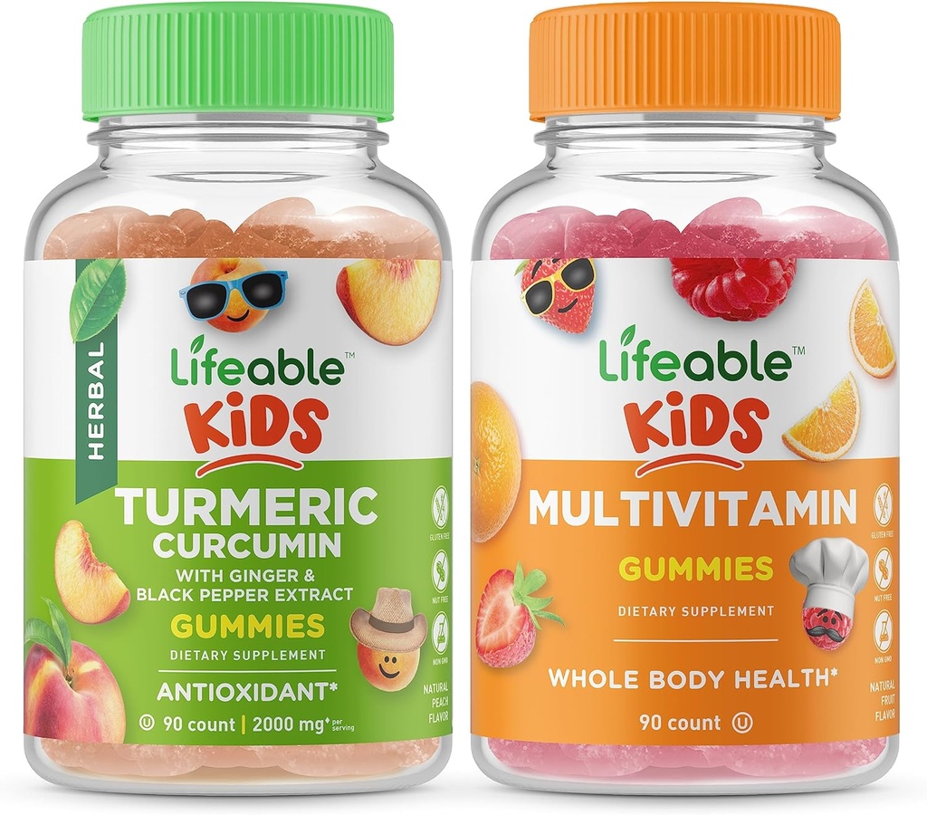 Vita curcuma curcuma curcuma bambini + bambini multivitaminici, gommoni Bundle - Grande degustazione, supplemento di vitamina, senza glutine, GMO libero, pancia masticabile