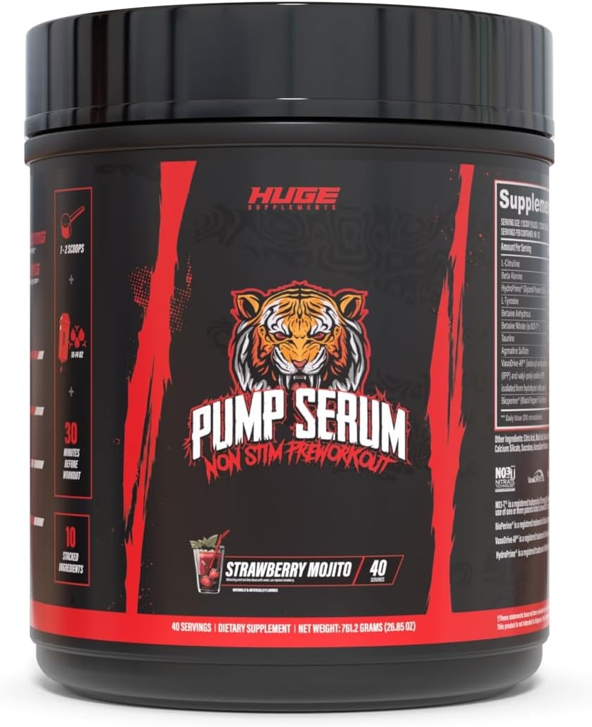 Riesige Ergänzungen Pumpe Serum, Stim Free Pre Workout und Nitric Oxide Booster zu verbessern Fokus, Pumpen, Geschmeidigkeit mit Kein Koffein, L-Citrulline, GlycerPump, L-Tyrosin, Nitrosigine (Strawberry Mojito)