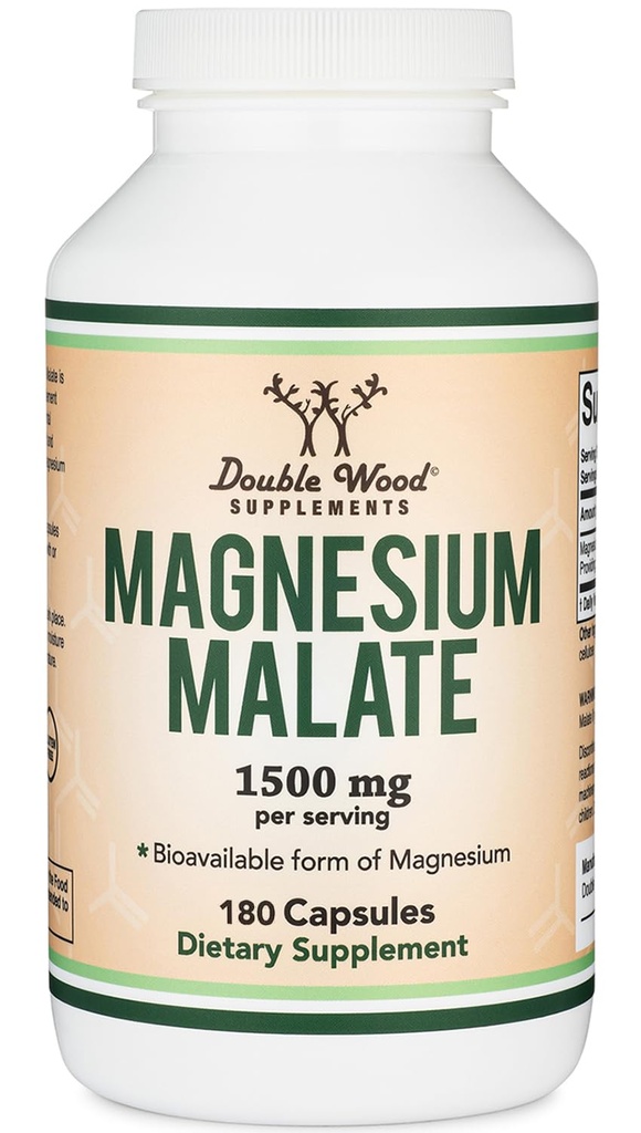 Magnesio Malato Capsule (180 Conte) - 1.500mg Per Serving (Magnesio legato all'acido malico), Terze Parti Testata, Vegan Friendly, Gluten Libero da Doppi Integratori di Legno