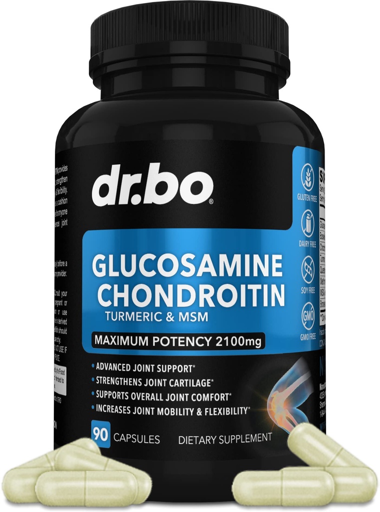 Glucosamine Chondroitine MSM Turmeric - Supplément de santé des articulations 2100mg Knee Bone & Joints - Supplément de soutien des articulations pilules avancées Glucosamine Sulfate Capsules Suppléments d'articulation pour hommes Femmes Adultes