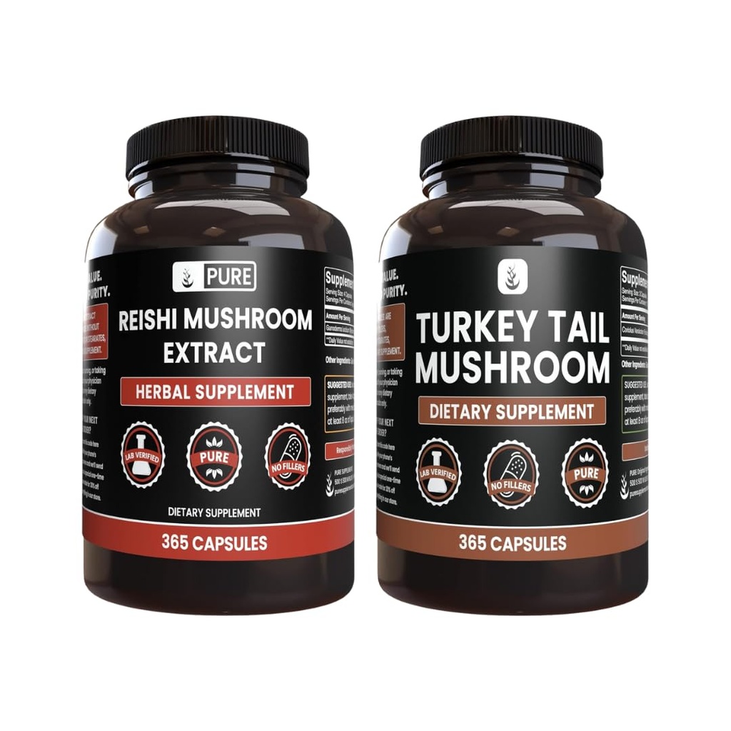 PURE ORIGINAL INGREDIENTS Reishi Mushroom & Turkey Tail Mushroom Capsule Bundle (365 Kapseln), Immer rein, keine Zusatzstoffe oder Füllstoffe