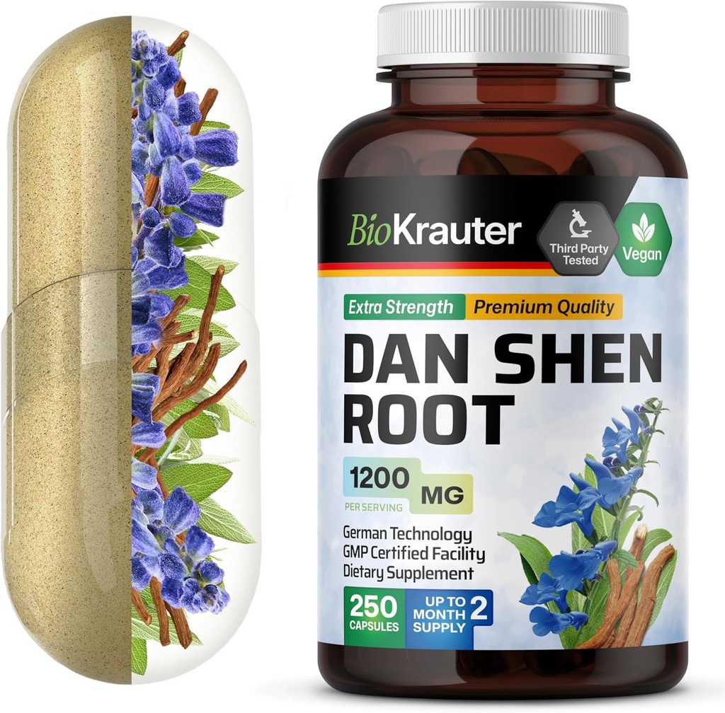 BIO KRAUTER Dan Shen Root Capsule - 1200 mg di resistenza - 250 Red Sage Caps - Antiossidante Sorgente - Salvia Miltiorrhiza Root - Vegan