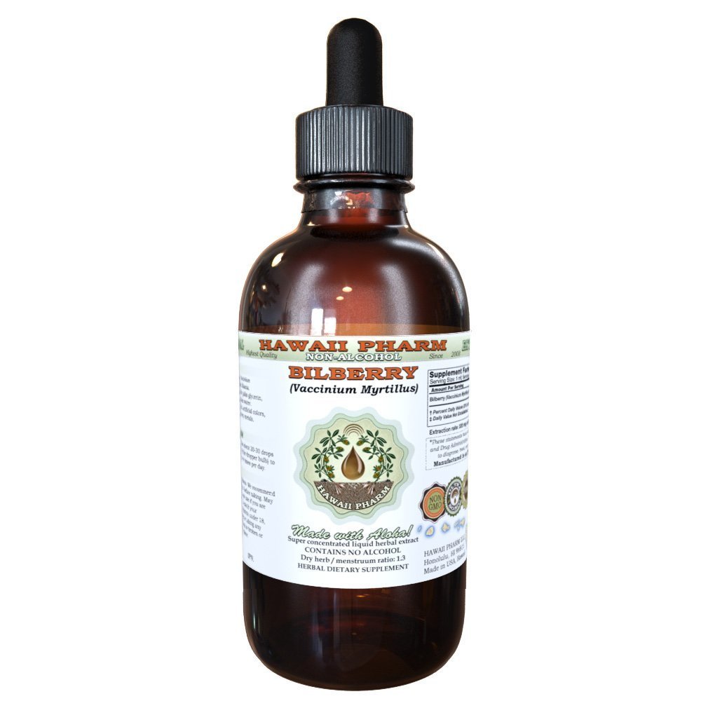 Bilberry Alcohol-Free Liquid Extract, Bilberry Organico (Vaccinium myrtillus) Dried Leaf Glycerite Hawaii Pharm Natural Herbal Supplement 2 oz