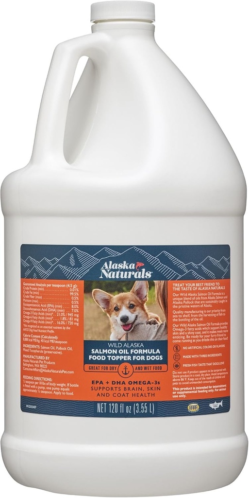 Wild Alaskan Salmon Fish Oil for Dogs Peau et manteau – EPA + DHA Omega 3 Oil - Acides gras Suppléments pour chiens - Soutien de la fourrure et de la santé du cerveau - Topper naturel liquide pour animaux de compagnie – 120 oz.