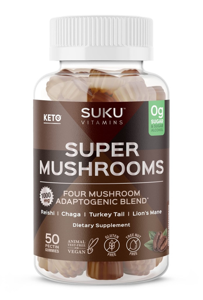 SUKU Vitamins - Super Mushroom -Reishi Chaga, Turchia Tail & Lions Mane Blend Gummies per l'immunità - Facile da cucire - Non OGM, Gluten Sugar Free - Espresso Decaffeinated Gummy Vitamins, 50 Count