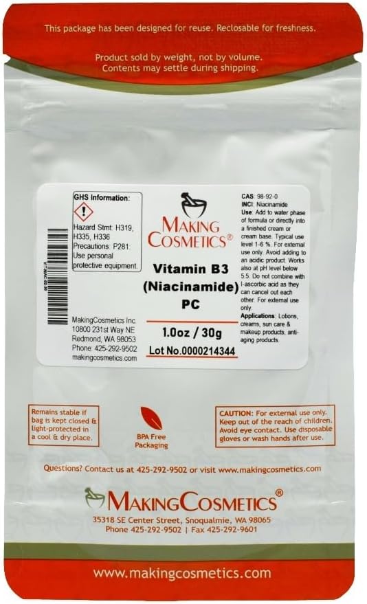 Cosmétiques de fabrication - Vitamine B3 (Niacinamide) PC - 1.0oz / 30g - Ingrédient cosmétique
