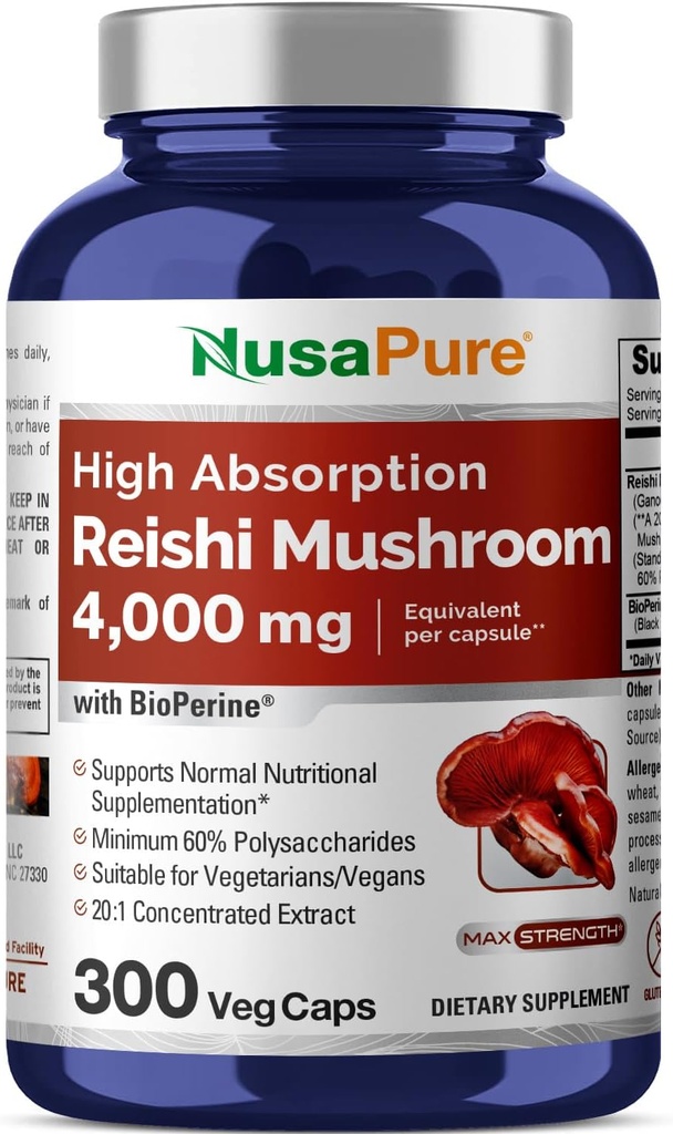 Estratto di funghi di NusaPure Reishi 20:1, 200 mg Equivalente a 4000mg per capsula 300 Caps Vegan, Non OGM, Vegan