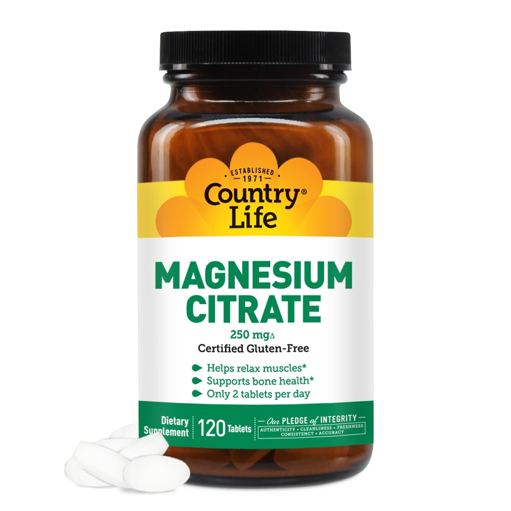 Country Life Magnésium Citrate 250mg - 120 comprimés - soutient la fonction musculaire et nerveuse, rythme cardiaque, système immunitaire sain, production d'énergie - supplément complexe de magnésium