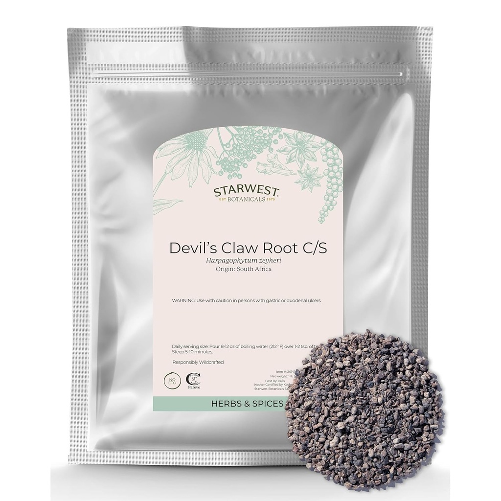 Starwest Botanicals Racine de griffe du diable - Herbe séchée pour le thé et les mélanges naturels de plantes, racine de griffe du diable pur, coupée et tamisée, Wildcrafted, Certified Kosher - Bulk 1 lb Sac