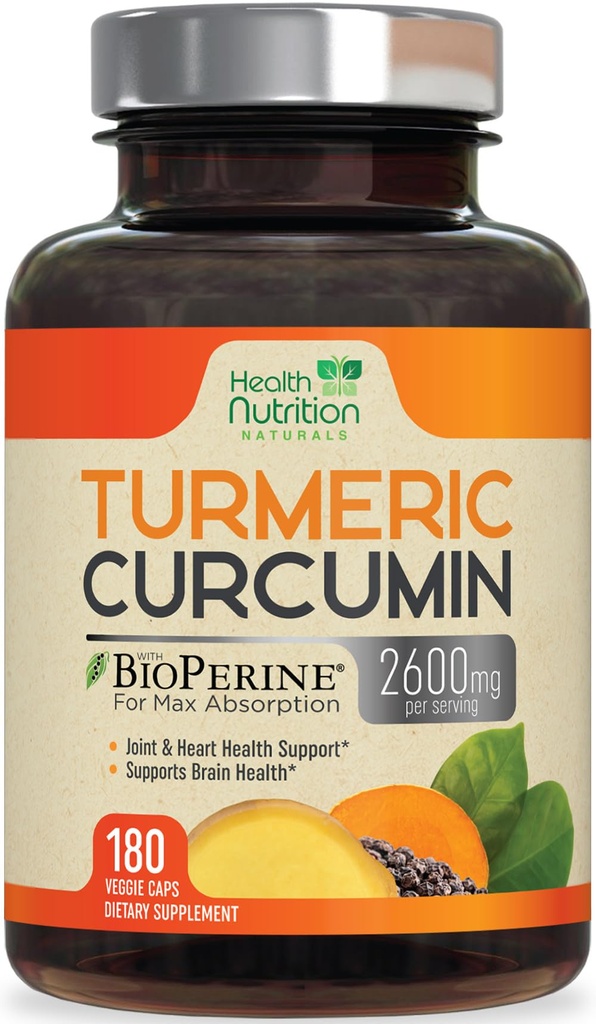 Integratore curcuma curcuma curcuma 2600mg - 95% Curcuminoidi con Pepe nero curcuma organico e bioperina per il miglior assorbimento, Supporto misto vegano della natura, Tumerico non OGM, Bottigliato negli Stati Uniti - 180 Capsule